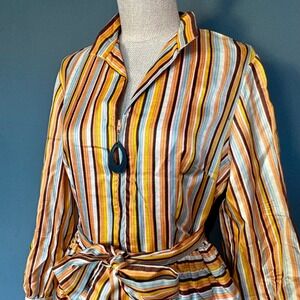 Vintage 1960s Sears At Home Wear Striped Maxi Tie Dress | Sz 14 | Mrs Roper 70s